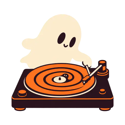 Screenprint illustration of a small cream ghost hovering behind a turntable, lowering the tonearm onto a pumpkin-orange record whose groove spirals into a tiny ghost shape, isolated on transparency for halloween music designs.