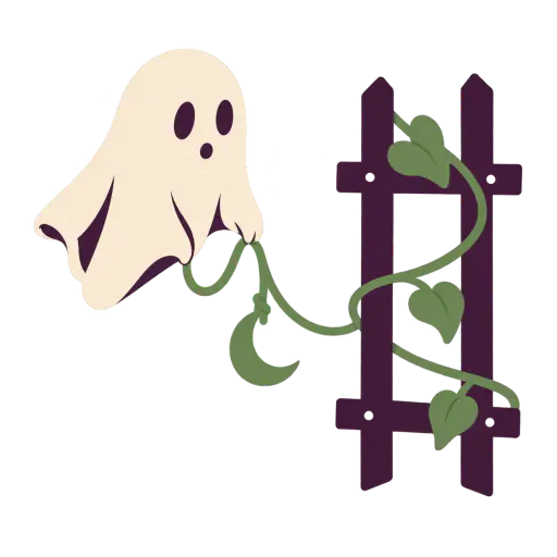 Screenprint illustration of a bone-cream sheet ghost pinching a sage-green vine that climbs a deep plum trellis, lifting a loop to free a small sage crescent moon tangled in it. Original Halloween gardening ghost artwork, isolated with transparent background for shirt designs and seasonal prints.