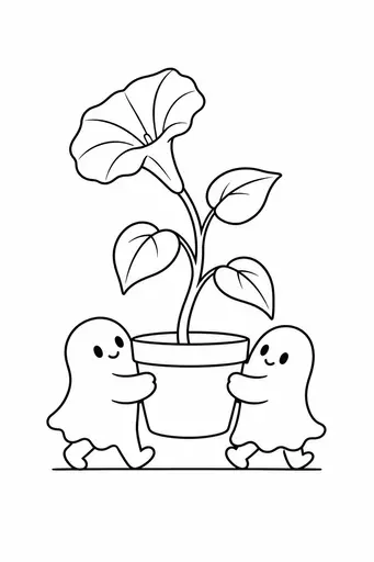 Black-and-white coloring page of two small round ghosts carrying a large flowerpot together, one oversized trumpet moonflower with three broad leaves on a curved stem. Bold closed contours, large areas to color; printable halloween garden sheet.