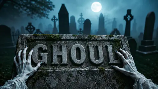 Two pale long-nailed hands in ragged white sleeves rest on the edges of a weathered gray stone slab with large carved GHOUL letters. Moss and cracks cover the stone. A full moon shines over blurred crosses and tombstones in a blue foggy cemetery.