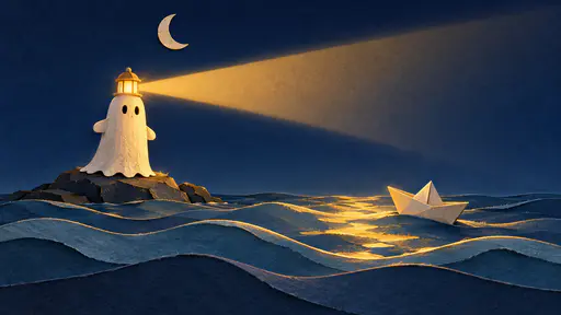 A parchment paper ghost lighthouse on a layered rock island shines a saffron beam across a quiet indigo night sky, guiding a small folded paper boat through smoke-blue cut-paper waves — a Halloween paper cut ghost illustration.