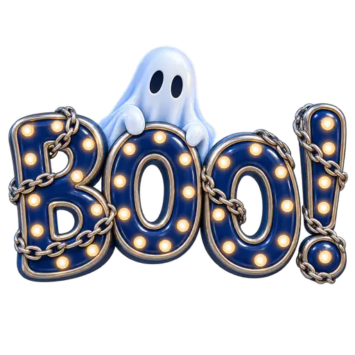 A pale blue sheet ghost peers over glossy midnight-blue BOO! letters with silver rims, warm marquee bulbs and looping chains on transparency.