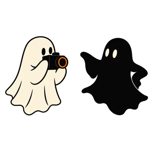 A bone-cream sheet ghost with two dark oval eyes floats at the left holding a small black camera before its face, lens aimed at its own flat black ghost-shaped silhouette posing proudly at the right with a flap on its hip, drawn as bold three-ink screen print shapes on a transparent background, a Halloween photography ghost illustration.