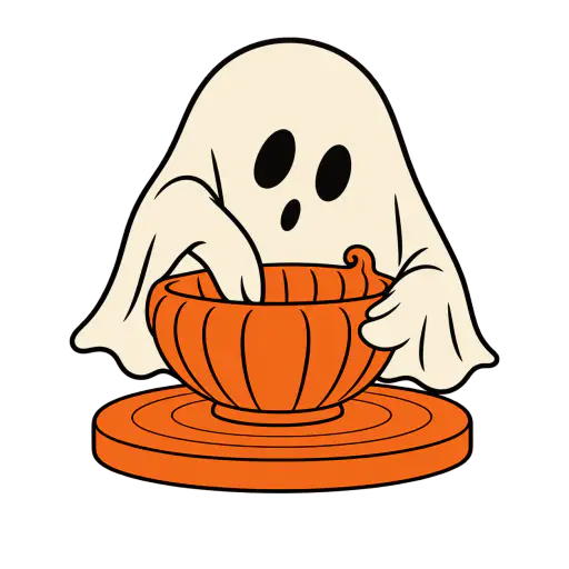 A bone-cream sheet ghost with two dark oval eyes floats behind a flat round pottery wheel, one flap steadying the wall and one pressing the curve of a pumpkin-ribbed orange bowl rising from the disc, its rim gathering to a small curled stem, drawn as bold three-ink screen print shapes on a transparent background, a Halloween pottery ghost illustration.