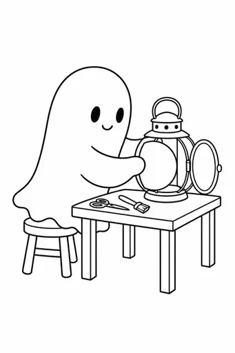 Black-and-white coloring page of a friendly ghost sitting on a stool at a workbench, pressing a new paper panel into an open lantern, with scissors and a paste brush beside it. Large closed contours leave big areas to color; printable halloween coloring sheet.