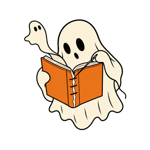 A bone-cream sheet ghost with two dark eyes hovers holding an upright pumpkin-orange book, pulling a needle and thread through its torn spine while one loose page curls upward into a small second ghost, drawn as a bold three-color screen print on transparency.