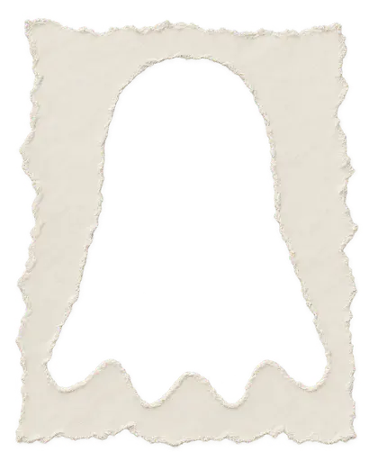 Torn-paper frame overlay with a ghost-shaped irregular opening and no face, cut from cream construction paper with frayed fibrous edges, shown flat and frontal with a fully transparent center and surround for use as a halloween photo overlay.