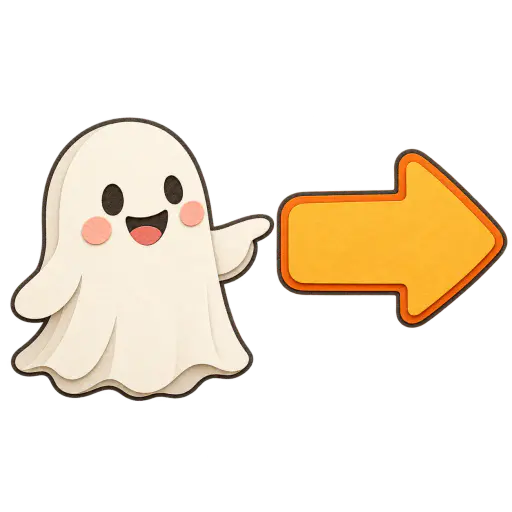 A friendly cream-white layered cut-paper ghost with a wavy hem and rosy cheeks stands at the left, pointing with a rounded paper arm toward a large blank golden-orange arrow-shaped sign that points right, both floating on a transparent background with no floor or text. A welcoming layered-paper wayfinding clipart for kids' Halloween classrooms and line-up cues.