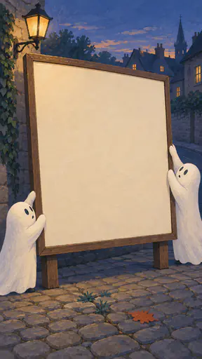 Halloween poster background of two friendly gouache ghosts straightening an oversized blank community noticeboard on a dusky street corner, cobblestones and a fallen leaf at the bottom; the wide bare board face is clean copy space for typesetting your own message.