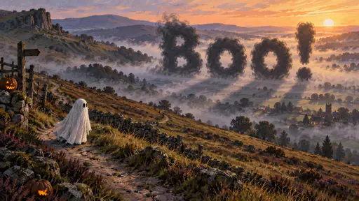 A white sheet ghost on a hillside path looks toward smoky Boo! lettering above a foggy valley at sunrise, with stone walls, jack-o-lanterns and a distant church.