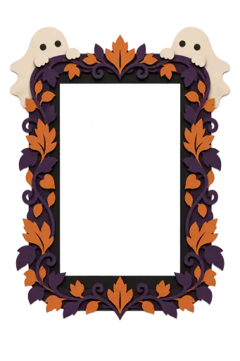Two cute cream paper ghosts peek over the top corners of a layered paper-cut Halloween frame in orange and plum, its portrait opening empty and transparent for a photo overlay.