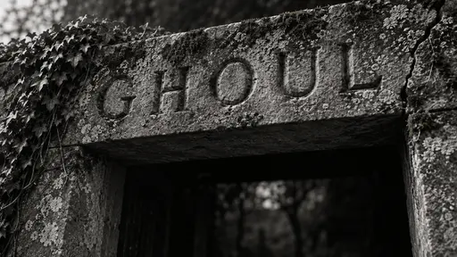 A long worn limestone lintel with the word GHOUL cut in deep V-grooves, lichen and moss in the stone, ivy hanging from the left end and a crack at the right, above a dark gateway.