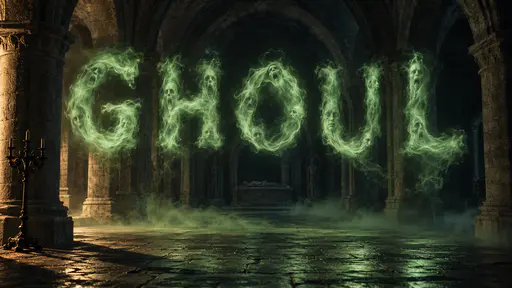 The word GHOUL spelled in five tall letters of glowing green smoke with faint pale faces swirling inside them, hanging in a dark stone crypt hall with arches behind and an unlit iron candelabra at the lower left.