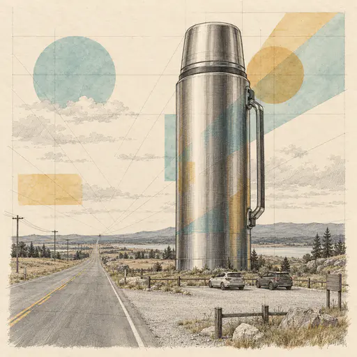 A monumental metal coffee thermos tall as a grain silo stands beside a two lane road with two tiny parked cars drawn with perspective guidelines in graphite and ink with teal and ochre swatches.