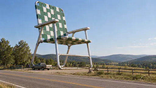 A monumental green and white webbed lawn chair taller than a barn stands beside a quiet two lane road on a gravel pull off with a tiny pickup and a split rail fence for scale on colour film.
