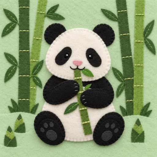 A giant panda sits upright eating a bamboo stalk with black ears and eye patches in a stitched green bamboo grove on pale green felt.
