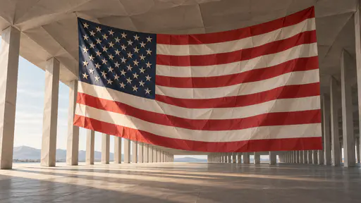 A very large American flag of softly curved folded paper hangs in a long open concrete pavilion with slim columns and one long shaft of daylight across the folds.