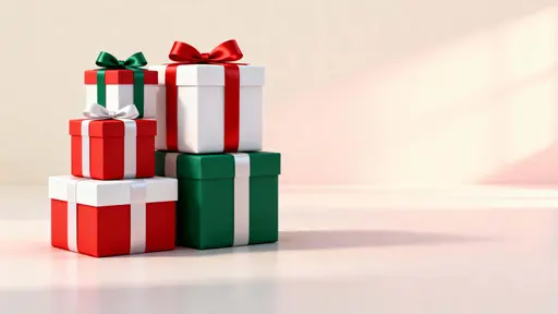 A stack of three gift boxes wrapped in red, white, and forest green paper with satin ribbons sits left against a smooth cream-to-blush gradient, soft shadows on the floor.