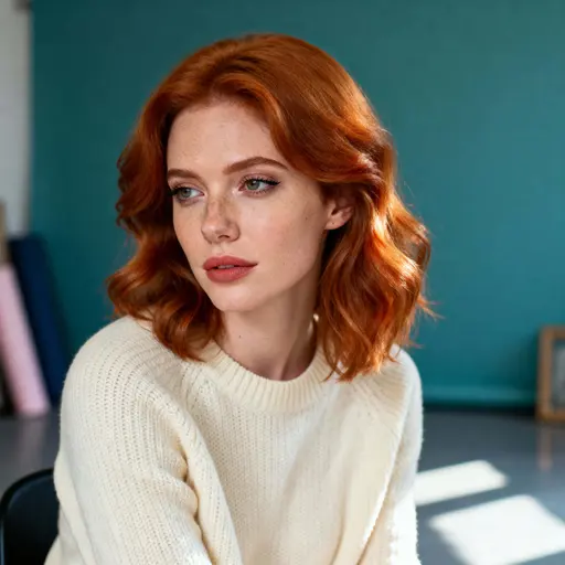 Close-cropped square portrait of a ginger-haired woman looking slightly off-camera with a calm, confident expression, warm skin tones and a muted teal backdrop for subtle contrast.