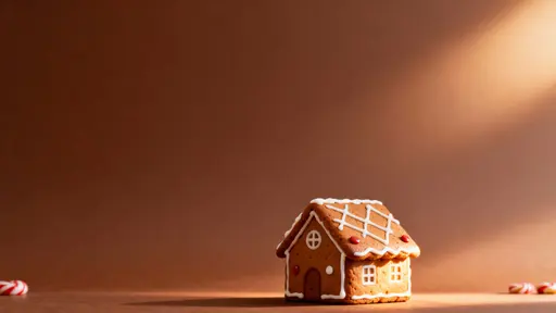 A cozy 16:9 Christmas card scene with a small gingerbread house centered near the bottom against a deep cinnamon brown vignette, warm upper-right light, a broad gradient sky for copy space, and subtle blurred candy accents in the lowercorn;