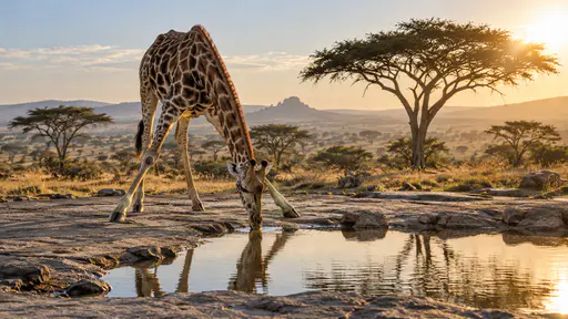 A single giraffe stands with its front legs splayed wide and neck lowered to drink at the edge of a shallow waterhole in early morning with a long shadow across the flat rock rim and an acacia behind.