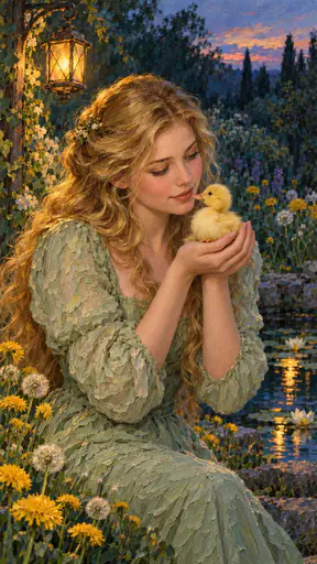A blonde girl cradles a golden duckling beside a pond, surrounded by dandelions and warm lantern light in a richly textured oil painting.