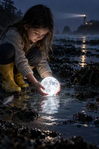 A girl in rain boots cups a glowing miniature moon in a tidal pool at blue hour, lighthouse beam far behind, gull feather nearby.