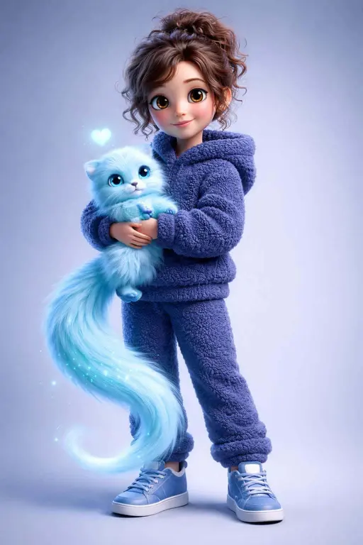 This high-fidelity 3D character render features a young girl with wavy hair holding a fuzzy blue creature with a magical glowing tail against a blue backdrop.
