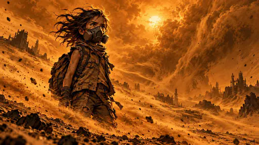 A girl with wind whipped hair, a canvas vest and a worn respirator mask stands steady in a swirling amber dust storm beneath a dim sun.