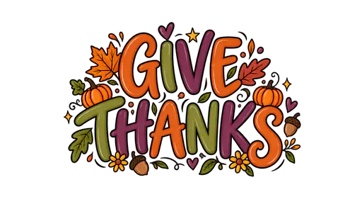 The words GIVE above THANKS in hand-lettered burnt orange, olive and plum capital letters with loose ink outlines, the I in GIVE drawn with a heart dot, and doodled autumn leaves, acorns, tiny pumpkins and flowers, on a transparent background.
