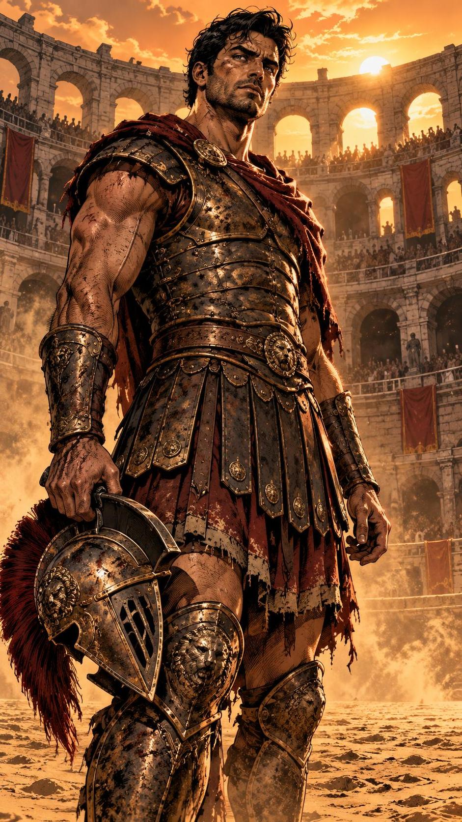 A Roman gladiator in bronze armour holds his iron helmet at his side and gazes intently with a weary heavy gaze in a dusty sunlit arena with sand and stone arches behind him.