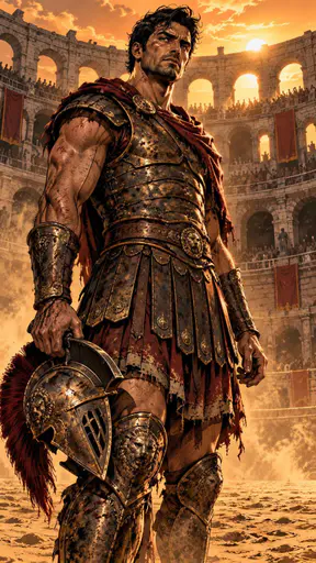 A Roman gladiator in bronze armour holds his iron helmet at his side and gazes intently with a weary heavy gaze in a dusty sunlit arena with sand and stone arches behind him.