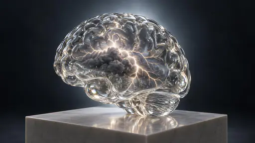 Brainstorm: a three-quarter sculptural product photograph under soft backlighting, where a single clear glass brain on a pale plinth contains a dark storm cloud with branching lightning and tiny suspended raindrops entirely within its smooth, unbroken outer surface.