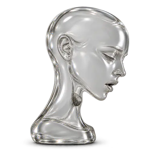 A lump in your throat: transparent glass bust with mouth slightly open and eyes lowered, a small gray pebble lodged inside the narrow glass throat, isolated on transparency with a subtle cast shadow.
