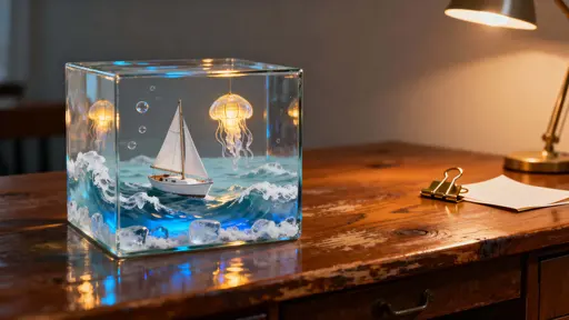 A clear glass block sits on a wooden desk holding a miniature ocean with a tiny sailboat, glowing jellyfish rising and frozen waves, all warmed by a soft lamp reflection.