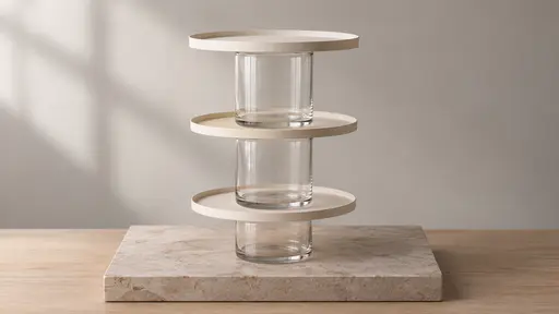 Three clear glass cylinders stacked in a vertical column on a pale stone plinth balance three flat cream paper trays with folded rims, each tray resting level at its centre on a cylinder.