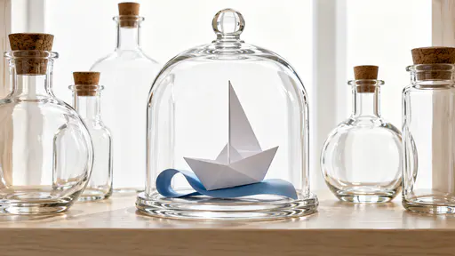 A clear round glass display dome on a pale wooden shelf shelters one folded white paper boat with a single tall sail resting on a thin curl of blue paper wave, sharp-edged and fully visible in strong backlight.