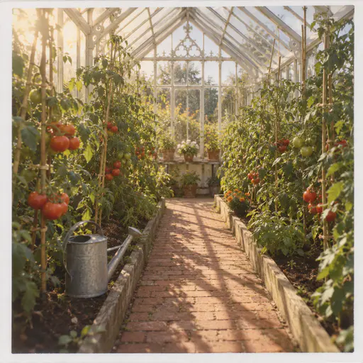 The inside of a Victorian glass greenhouse seen down a red brick aisle, tall tomato vines with red and green tomatoes, iron frame shadows and a galvanised watering can, framed by a white instant-film border.