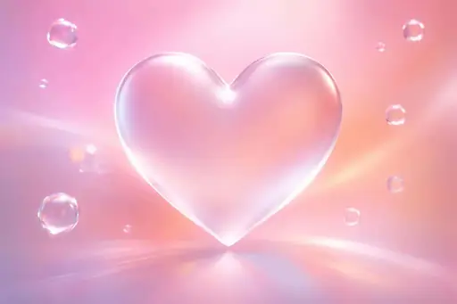 Cinematic glassmorphism 3:2 landscape of a frosted semi-transparent heart centered over a pastel pink-to-orange gradient, with floating clear bubbles and a thin white rim-light.