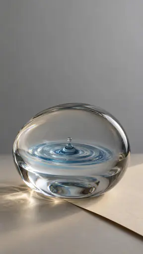 Low clear glass paperweight on a warm paper sheet with one edge sliding beneath, a single off-centre ripple with concentric rings and one tiny trapped bubble suspended inside the glass.
