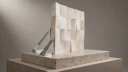 A tall wall of folded white paper tiles stands on a pale stone plinth braced from behind by two triangular clear glass prism wedges pushed against its back face at the base, like buttresses.