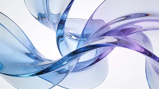 A fluid abstract glass ribbon sculpture with flowing curves and translucent surfaces in soft blue-violet gradients and gentle refraction, centered within a 16:9 studio frame with a white background.