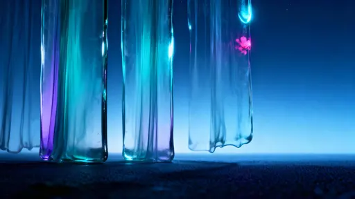 Tall 16:9 vertical background of overlapping translucent glass sheets over a deep blue-to-cyan gradient with soft teal–lilac refractions and a calm right band.