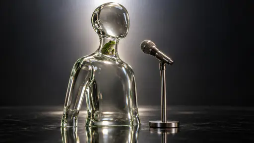 Frog in your throat: a sculptural product photograph in a close three-quarter view of a smooth transparent glass singer figurine on a dark reflective surface beside a slender metal microphone, a tiny green frog fully enclosed inside the narrow glass throat just below the chin, lit by soft…
