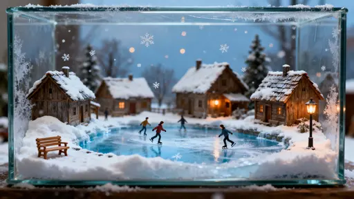 A clear glass box holds a miniature snow-covered village where tiny people skate on a lantern-lit frozen pond and delicate flakes hover in suspended motion, captured as a serene winter diorama.