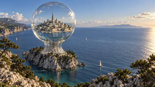 A miniature coastal city rests inside a luminous glass sphere above a rocky island, with ocean light refracting through its sculptural pedestal.