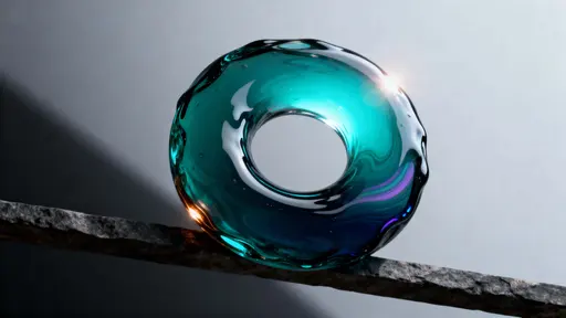 A heavy, viscous glass torus floats centered in a 16:9 frame above a charcoal stone bar, with cyan-to-teal refractions, a lilac shadow whisper and a restrained amber highlight, set against a quiet diagonal gradient.