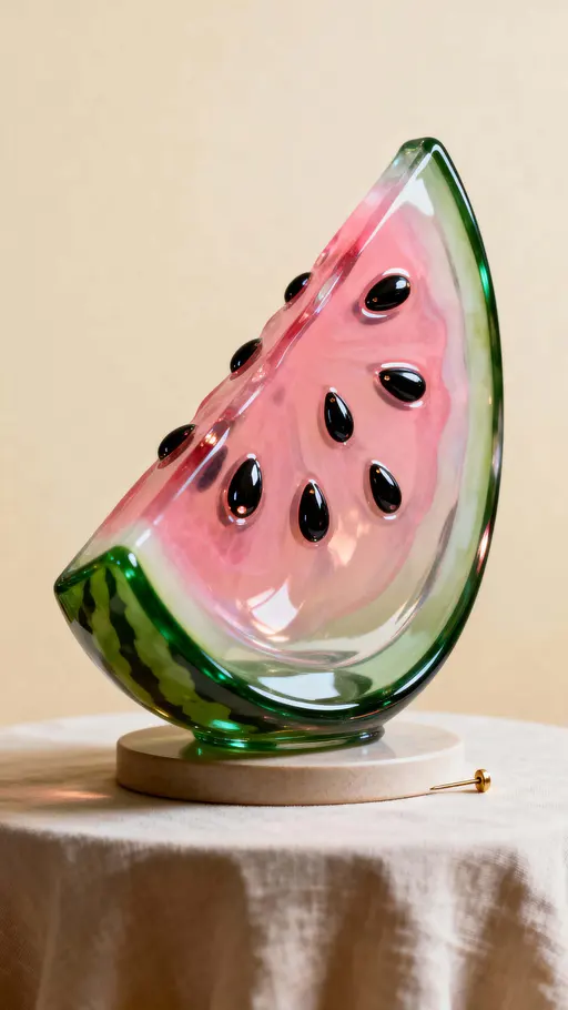 A vertical still life of a glass watermelon slice with a deep green outer glass rind, pink translucent interior, and shiny black glass seeds, framed in 9:16 portrait crop for a tall, intimate view.