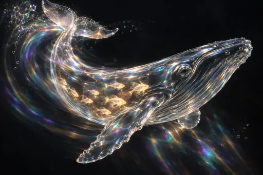 Transparent glass whale arcs through a dark void carrying glowing fish inside its body, trailing iridescent caustic light.