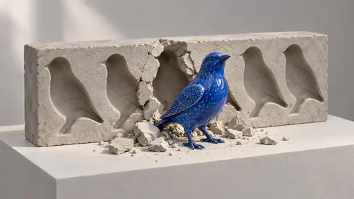 Breaking the mold: a three-quarter gallery-object photograph under soft directional light, where a vivid blue glazed ceramic bird with painted feathers stands forward of a grey casting-mould block whose matching bird-shaped cavity has broken open and cracked apart, loose fragments scattered…